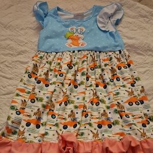Charming Kids Dress with Bunny and Car Print